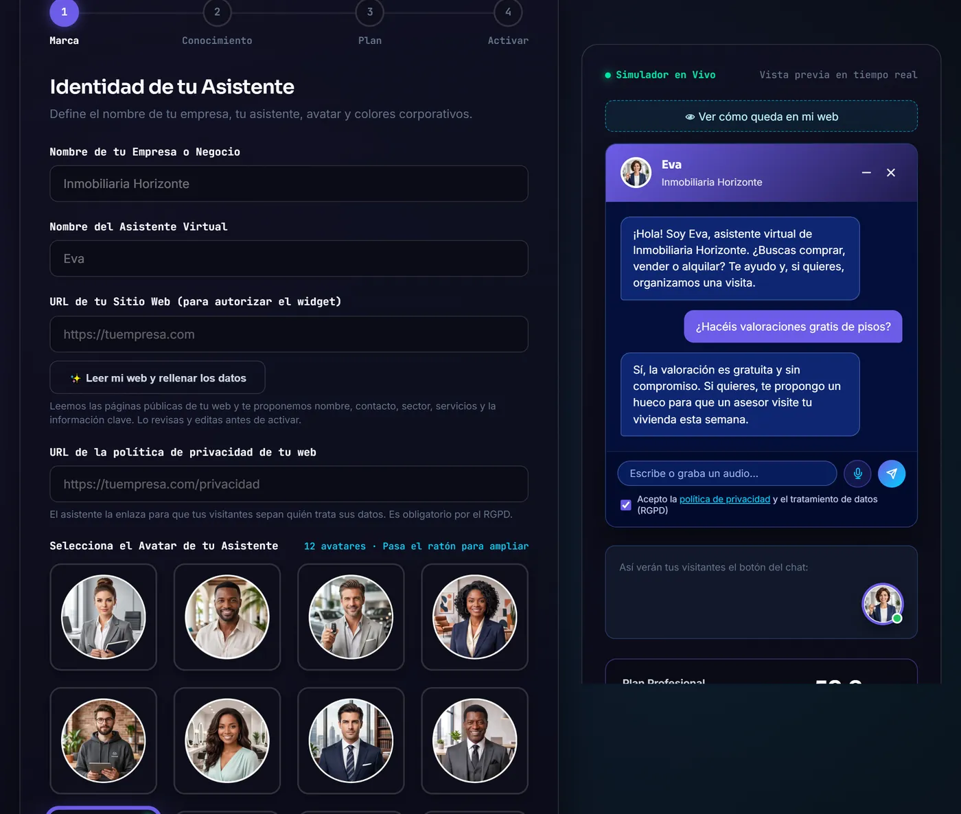 Paso 1 del configurador de InvokeAgent: identidad del asistente, botón Leer mi web, galería de avatares y simulador en vivo