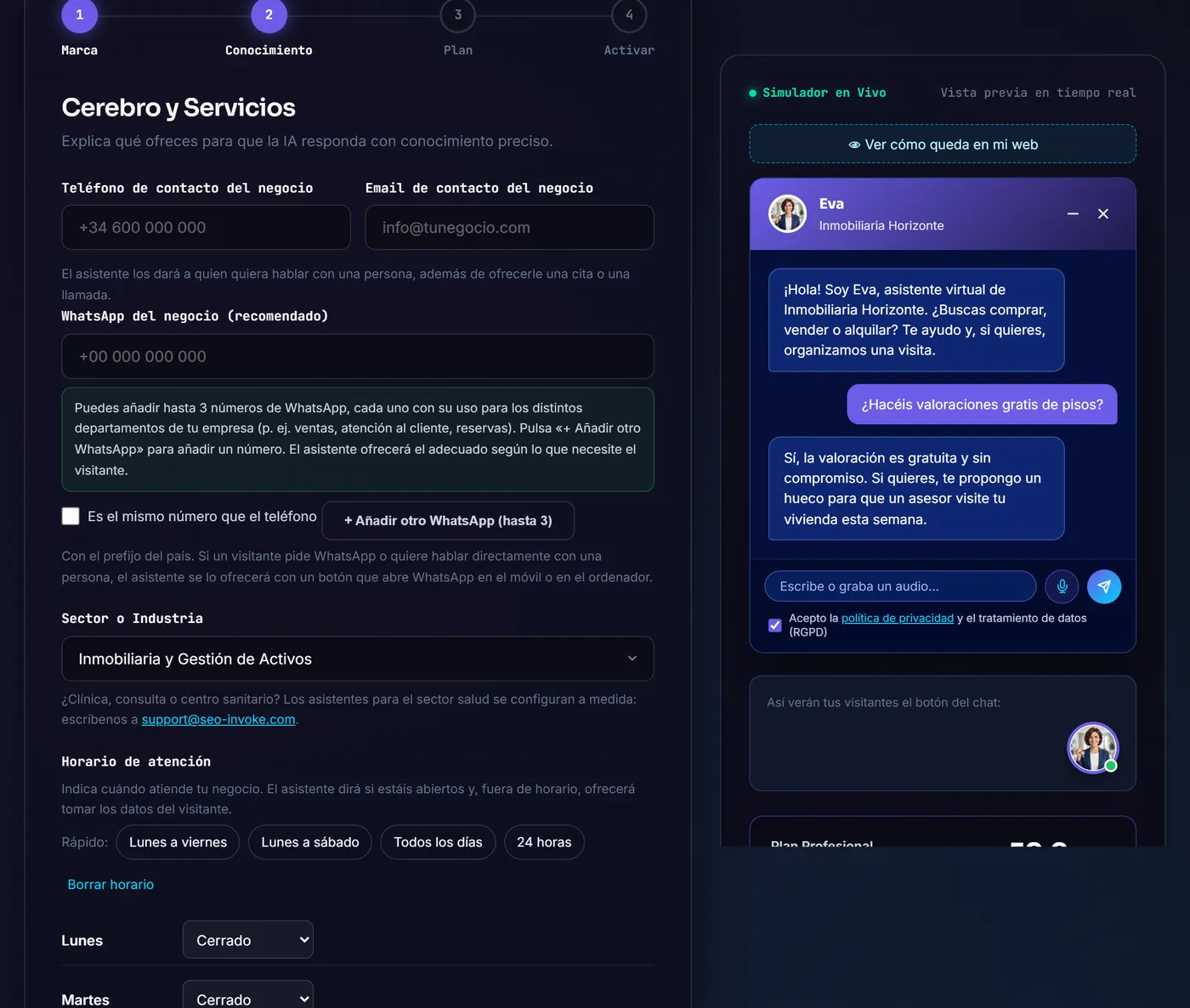 Paso 2 del configurador: contacto, WhatsApp por departamento, sector y horario de atención