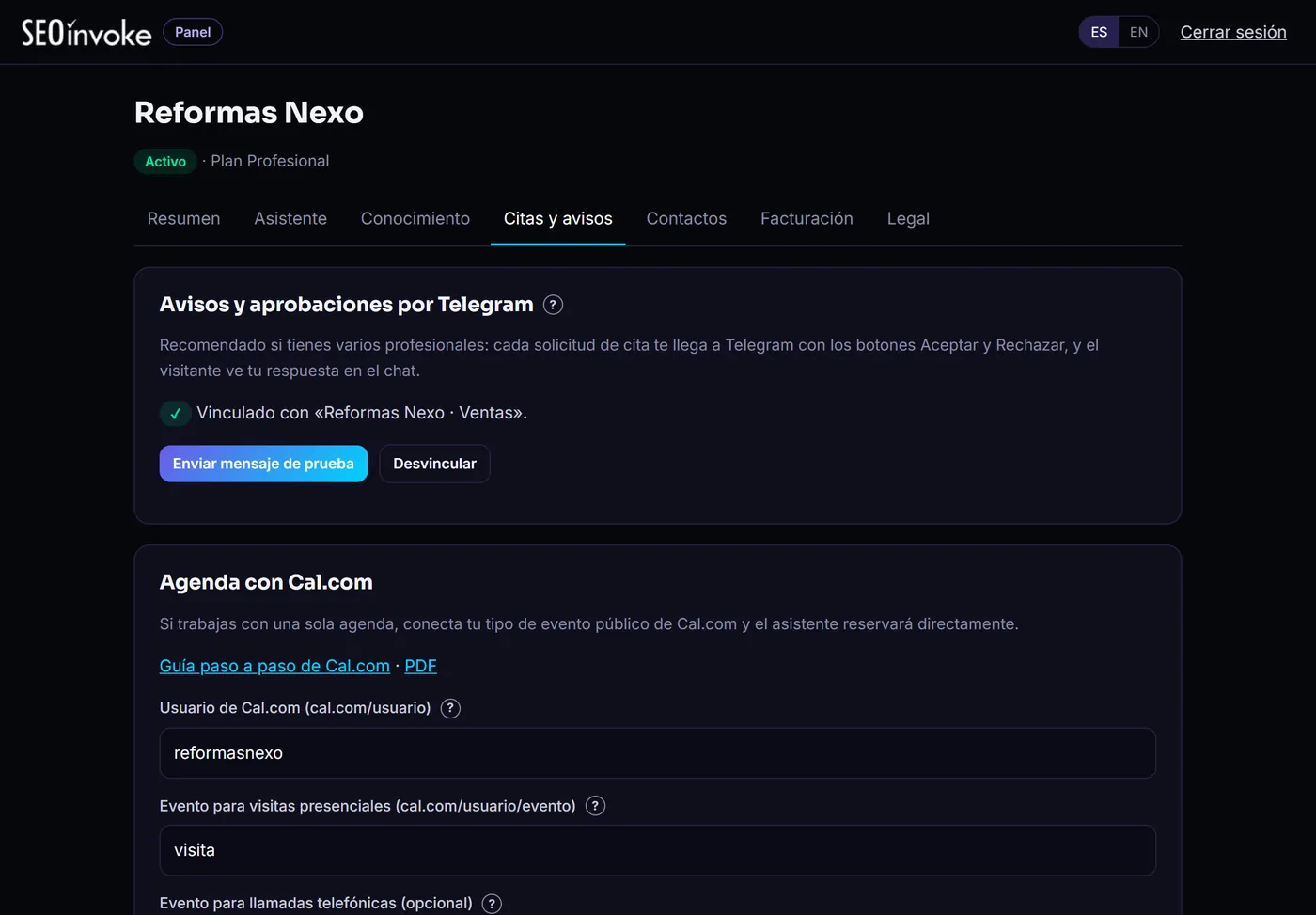 Citas y avisos: Telegram vinculado y agenda de Cal.com